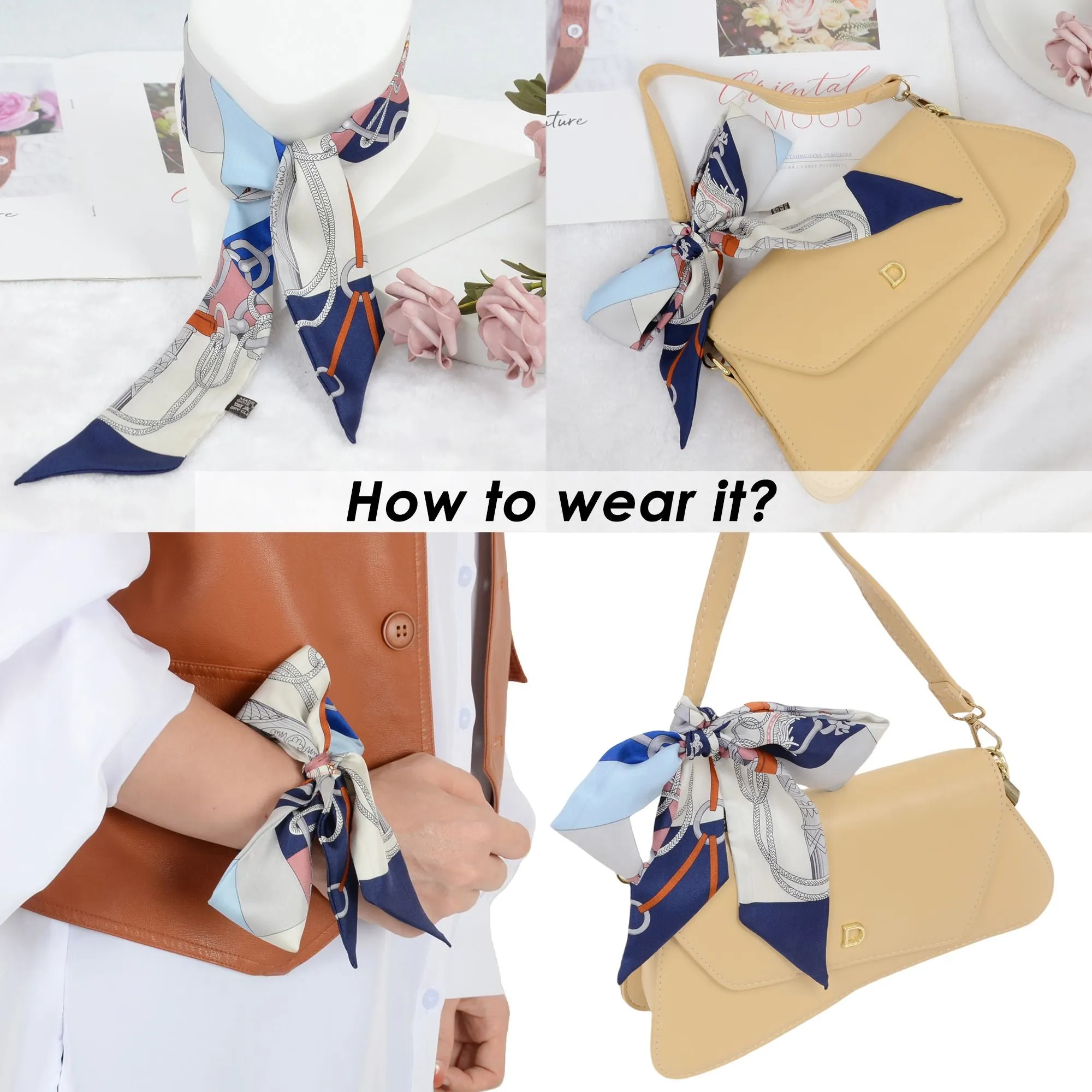 Alilang 100% Mulberry Silk Versatile Scarf Ribbon Head Hair Handbag Purse Neckerchief Skinny Scarf Belt for Women 3.86 x 1.97 inch