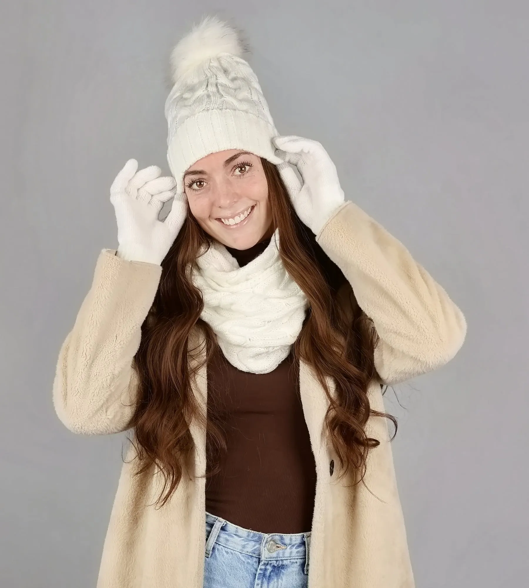 CABLE KNIT BEANIEFUR POM, GLOVE & ETERNITY SCARF SET