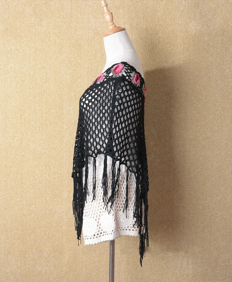 Cape Women High-grade Rose design Crochet Hook Flower Fringed Poncho Shawl