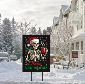 Coffee Lover Christmas Yard Sign - Christmas Skeleton Lawn Sign, Xmas, Holiday, Winter, Merry Christmas Welcome Yard Sign with Metal H-Stake
