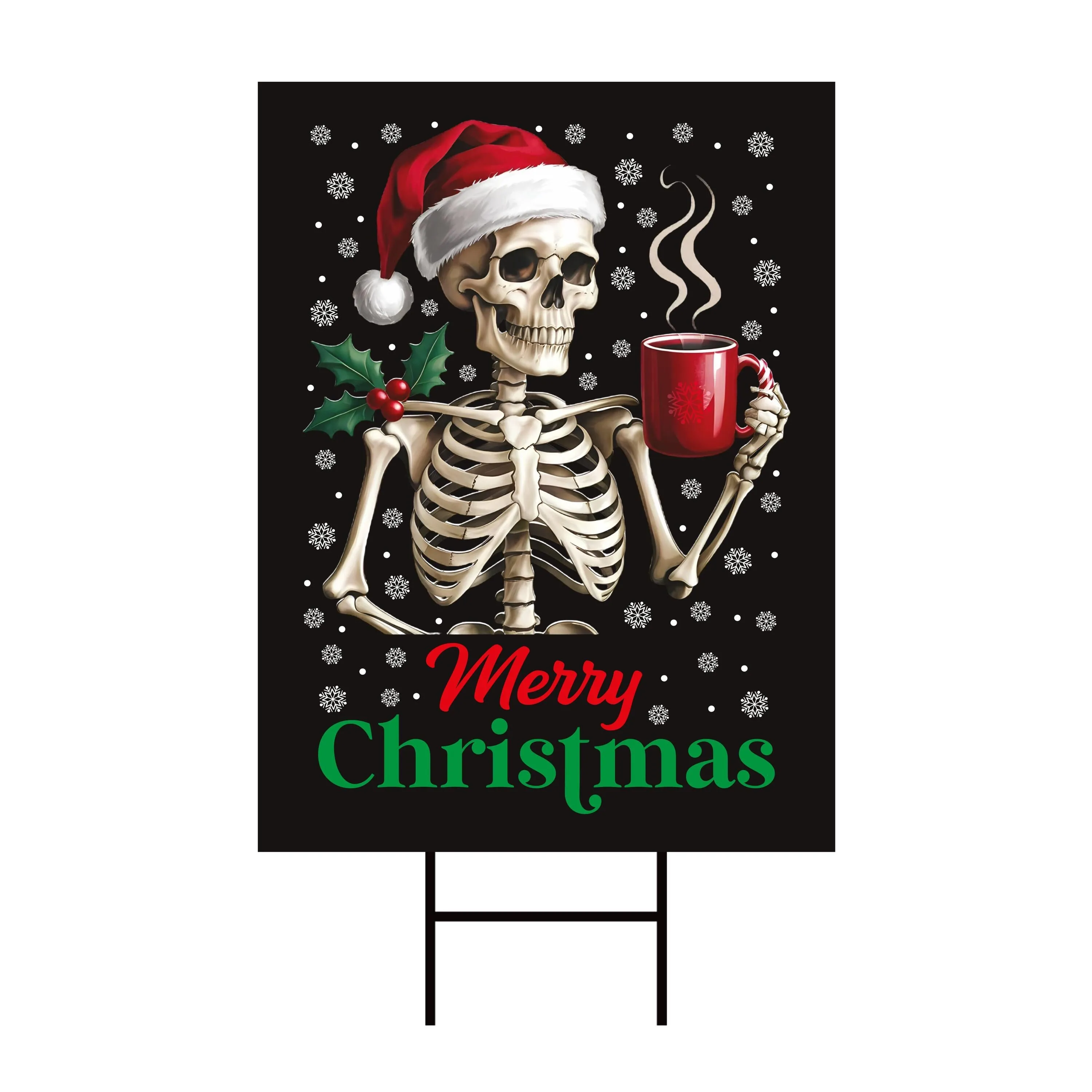 Coffee Lover Christmas Yard Sign - Christmas Skeleton Lawn Sign, Xmas, Holiday, Winter, Merry Christmas Welcome Yard Sign with Metal H-Stake