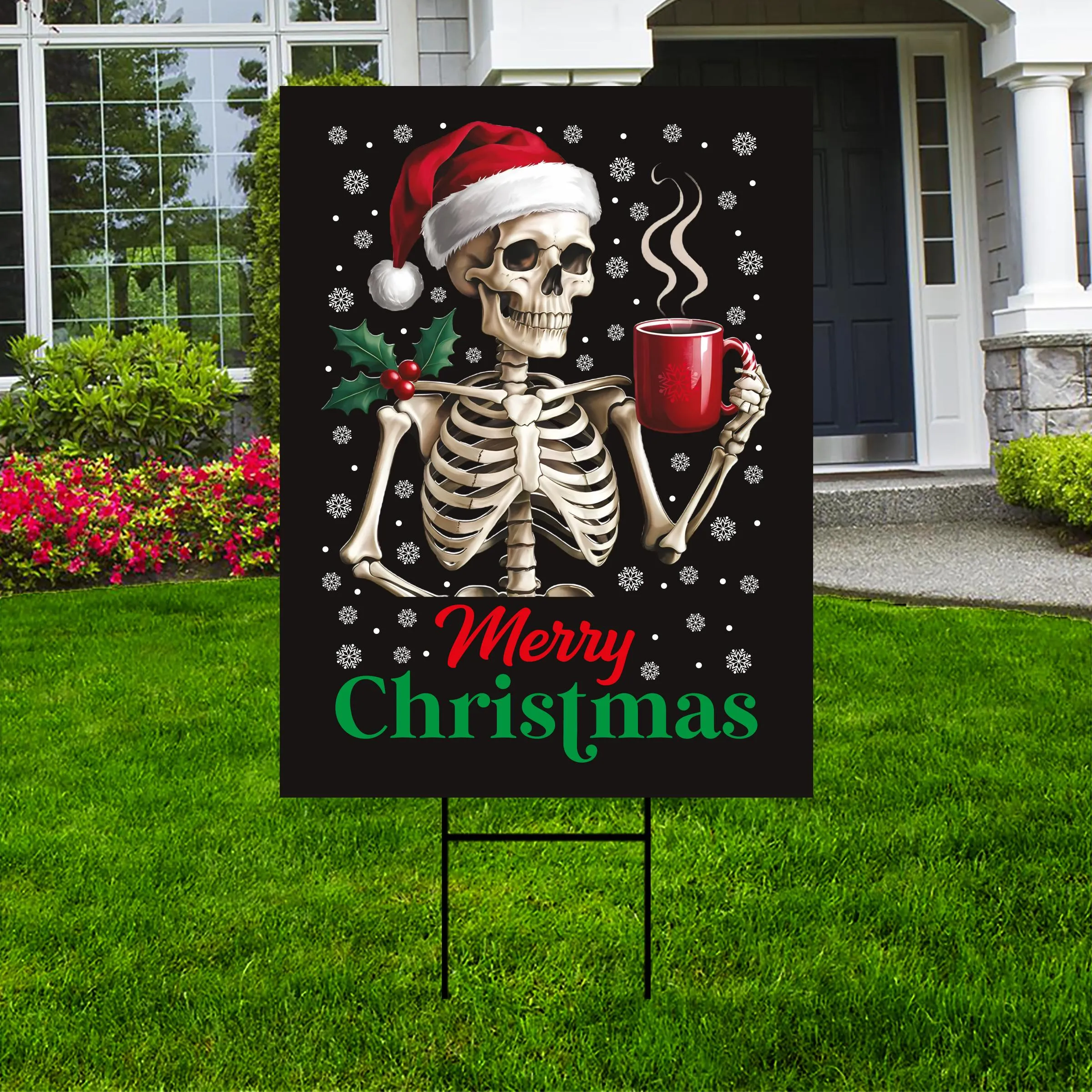Coffee Lover Christmas Yard Sign - Christmas Skeleton Lawn Sign, Xmas, Holiday, Winter, Merry Christmas Welcome Yard Sign with Metal H-Stake