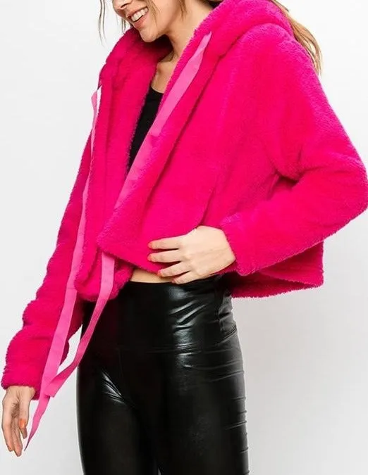 Drop Shoulder Teddy Neck Tie Poncho Jacket