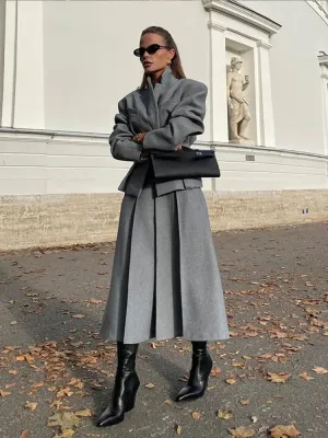 Elegant Loose Long Sleeve Coat   Pleated Long Skirt Wool Set