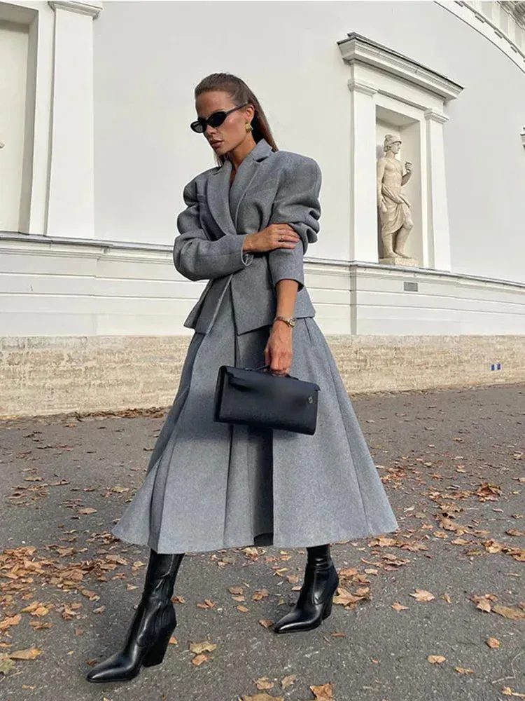 Elegant Loose Long Sleeve Coat   Pleated Long Skirt Wool Set