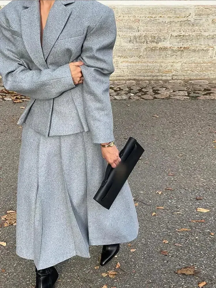 Elegant Loose Long Sleeve Coat   Pleated Long Skirt Wool Set