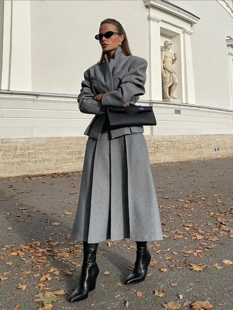 Elegant Loose Long Sleeve Coat   Pleated Long Skirt Wool Set