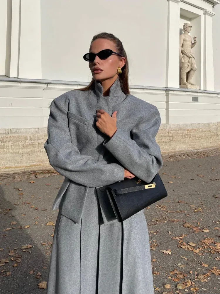 Elegant Loose Long Sleeve Coat   Pleated Long Skirt Wool Set