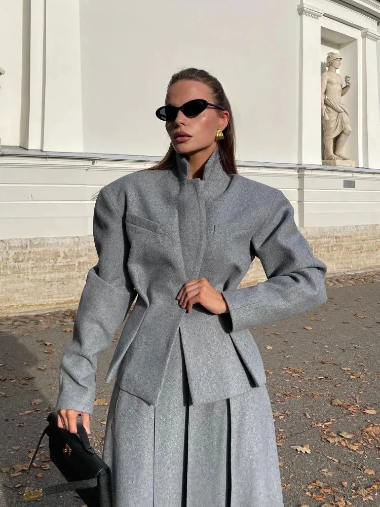 Elegant Loose Long Sleeve Coat   Pleated Long Skirt Wool Set