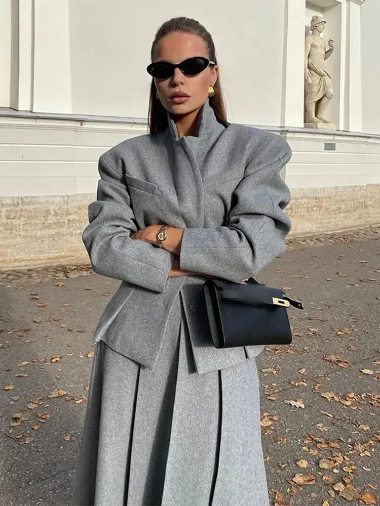 Elegant Loose Long Sleeve Coat   Pleated Long Skirt Wool Set