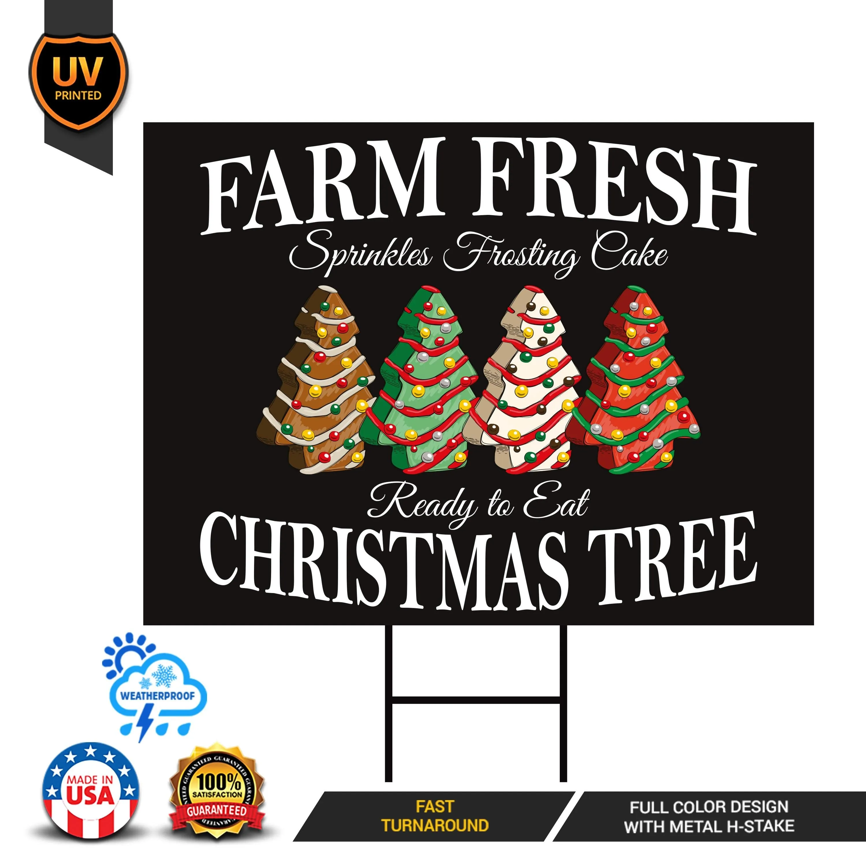 Farm Fresh Christmas Yard Sign - Christmas Tree Cake Lawn Sign, Holiday, Winter, Xmas Tree, Merry Christmas Yard Sign with Metal H-Stake