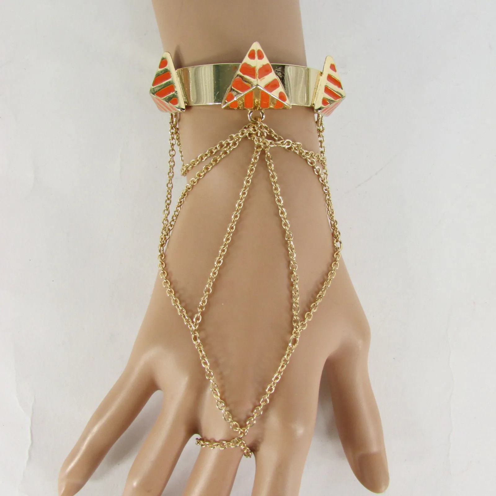 Gold Metal Hand Chain Bracelet Cuff Adjustable Ring Blue Turquoise Blue White Orange Pyramid Style Accessories