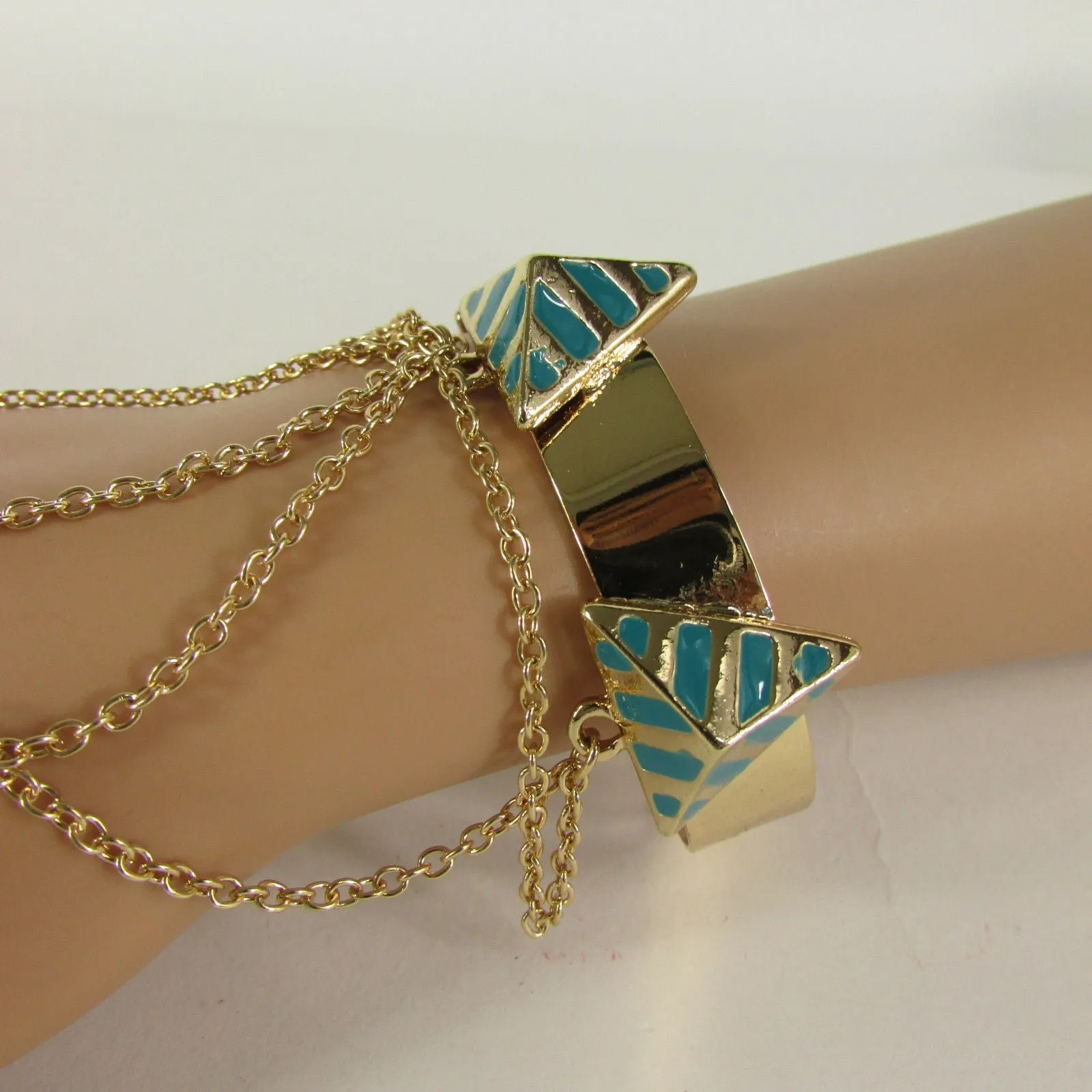 Gold Metal Hand Chain Bracelet Cuff Adjustable Ring Blue Turquoise Blue White Orange Pyramid Style Accessories