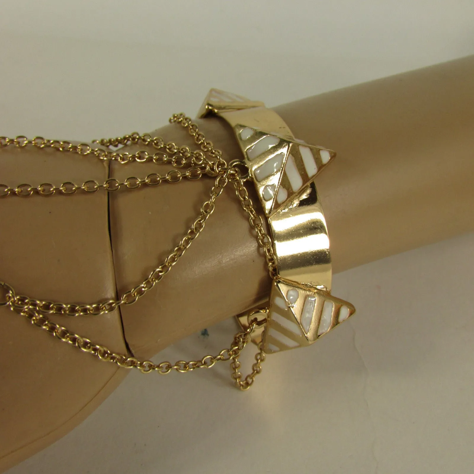 Gold Metal Hand Chain Bracelet Cuff Adjustable Ring Blue Turquoise Blue White Orange Pyramid Style Accessories
