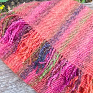 Hand Woven Striped Scarf in Lambs Wool, Kid Mohair and Silk - Fiery shades