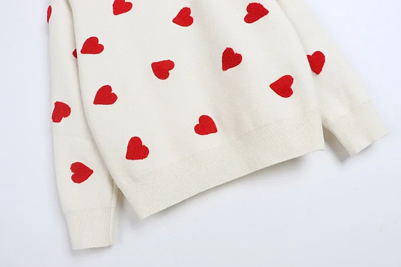 Heart Embroidery Women's O-Neck Sweater