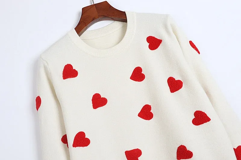 Heart Embroidery Women's O-Neck Sweater