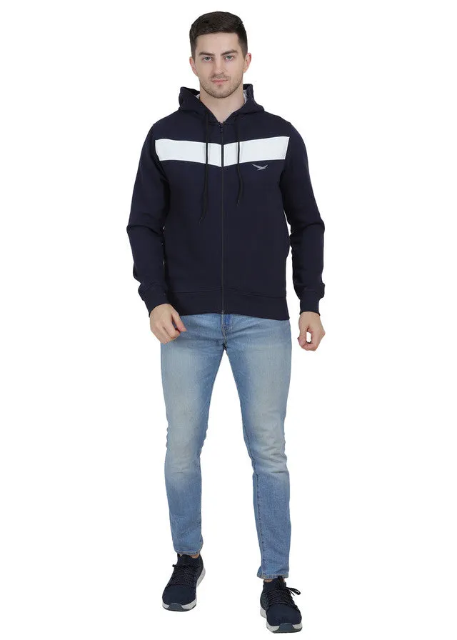 Hiflyers Mens Navy-White Regular Fit Printed Sweatshirt With Hood And Zipper