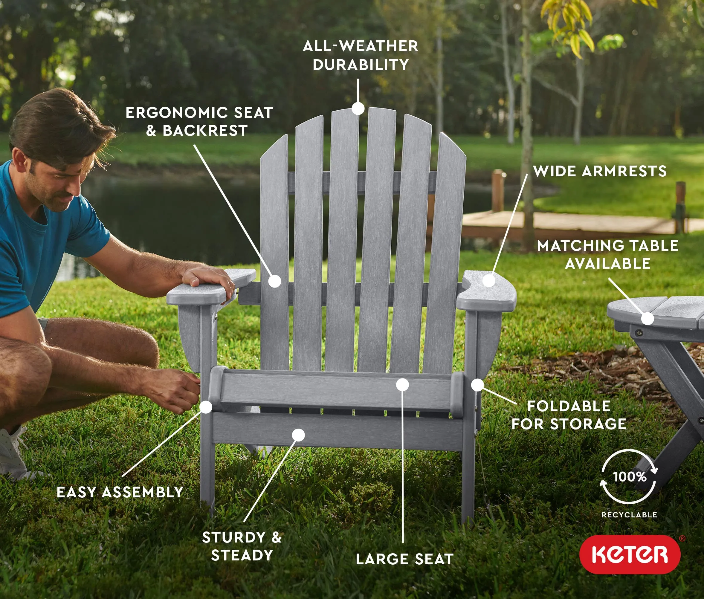 Keter Willoughby Folding Adirondack Chair: Weatherproof, Easy Assembly, Gray.