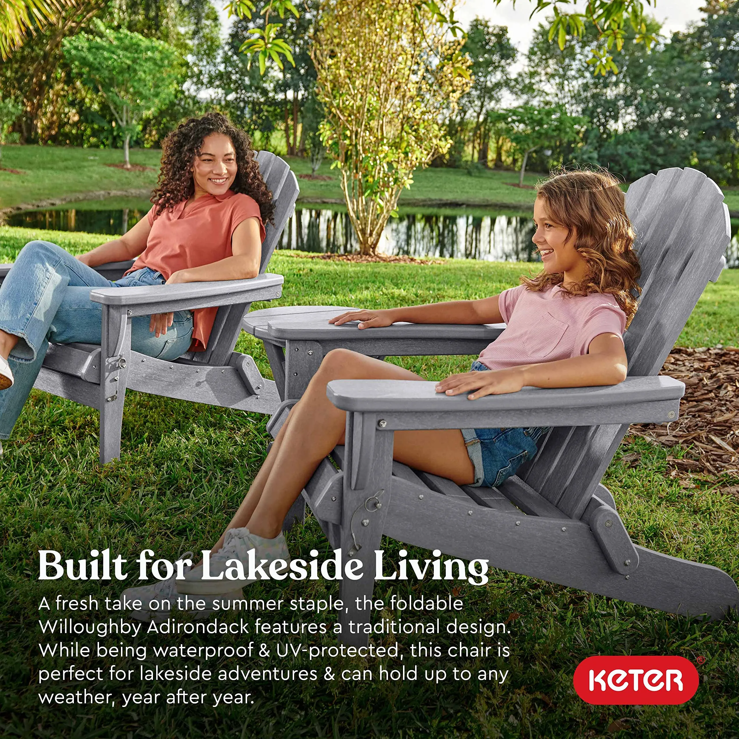 Keter Willoughby Folding Adirondack Chair: Weatherproof, Easy Assembly, Gray.