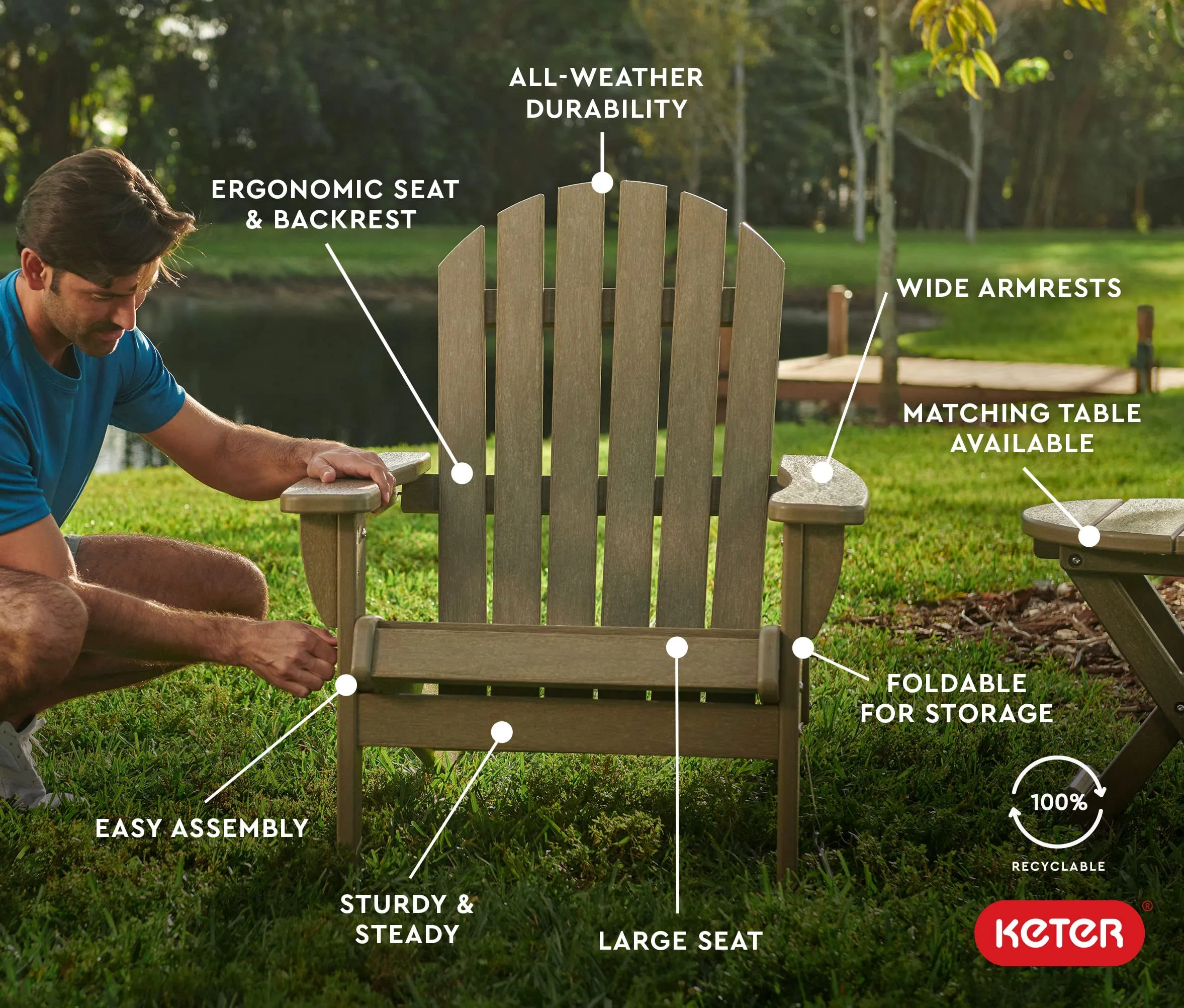 Keter Willoughby Folding Adirondack Chair: Weatherproof, Easy Assembly, Weatherwood.
