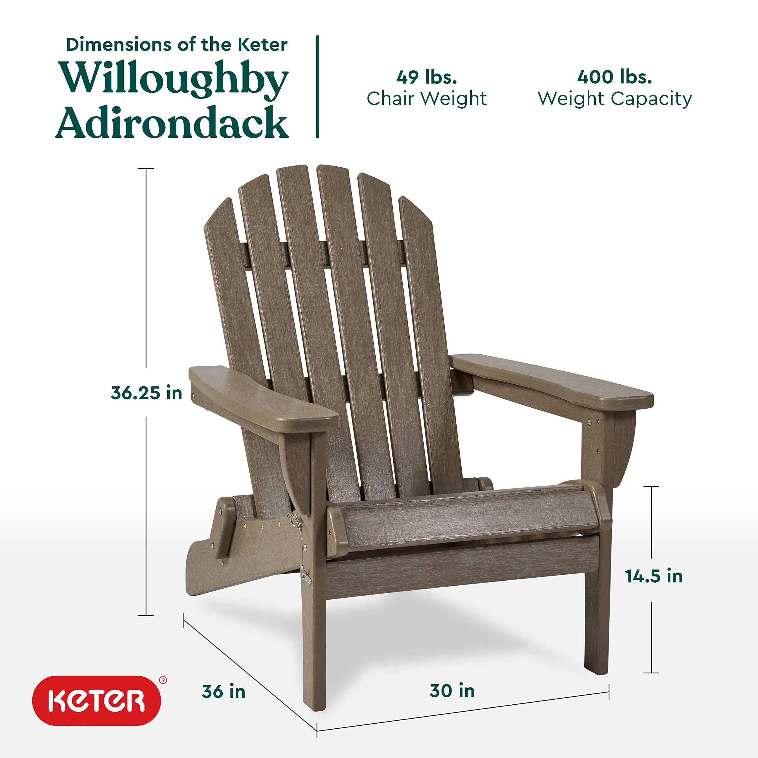 Keter Willoughby Folding Adirondack Chair: Weatherproof, Easy Assembly, Weatherwood.
