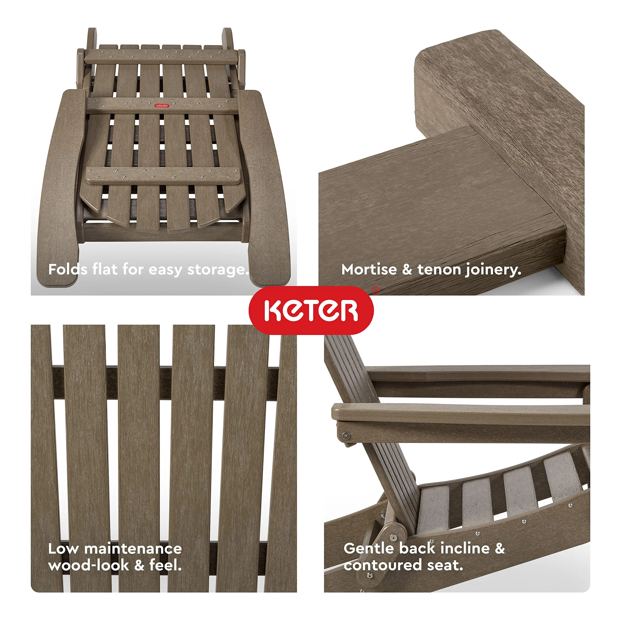 Keter Willoughby Folding Adirondack Chair: Weatherproof, Easy Assembly, Weatherwood.