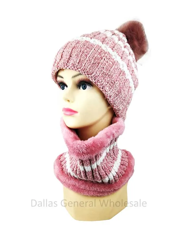 Ladies Fur Lining Beanie Hat with Circle Scarf Set Wholesale