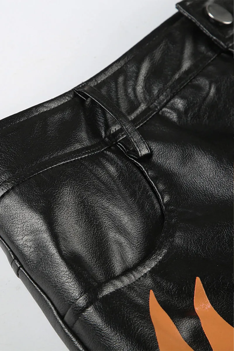 Leather Flame Print Contrast Zippper Mini Skirt Set