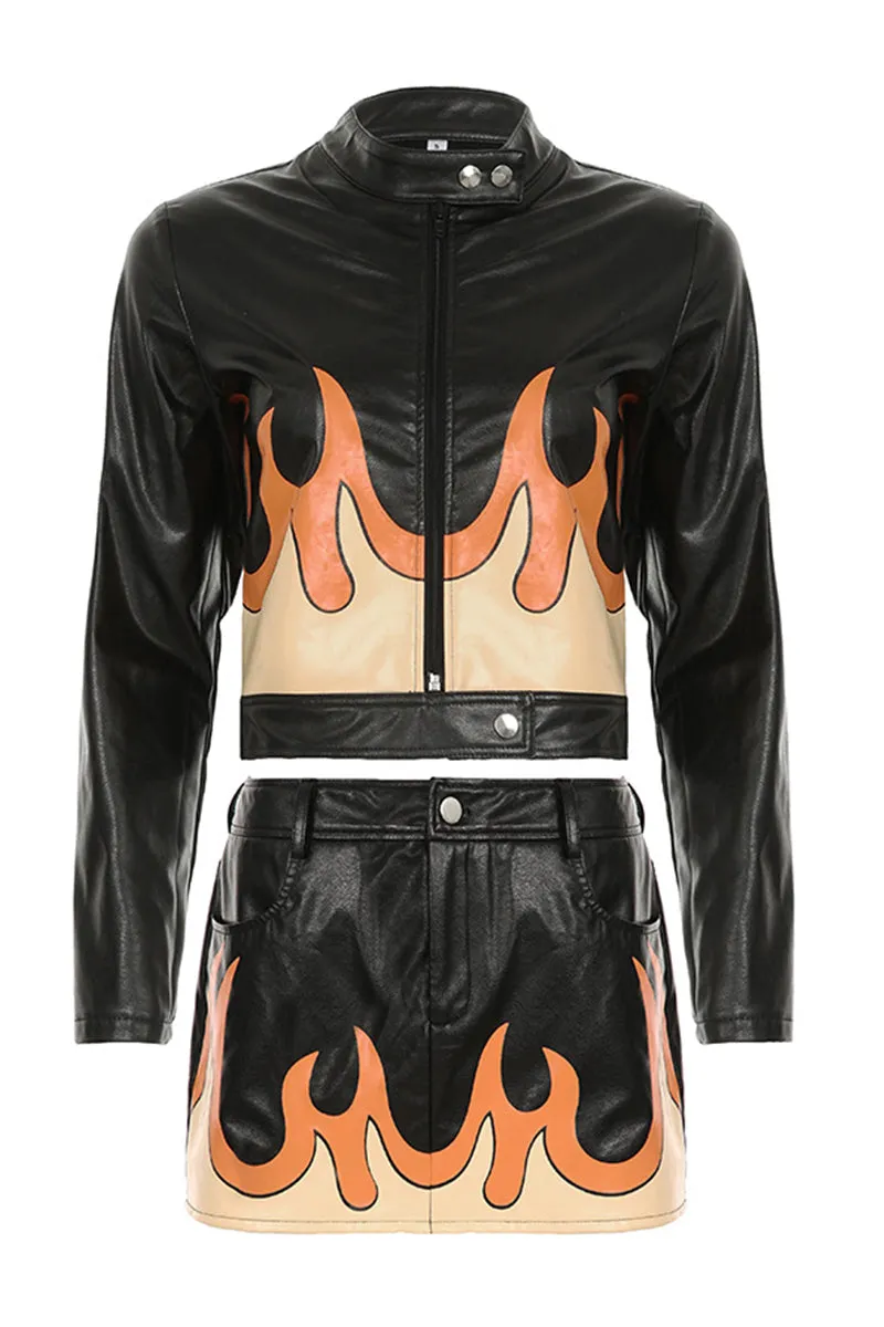Leather Flame Print Contrast Zippper Mini Skirt Set