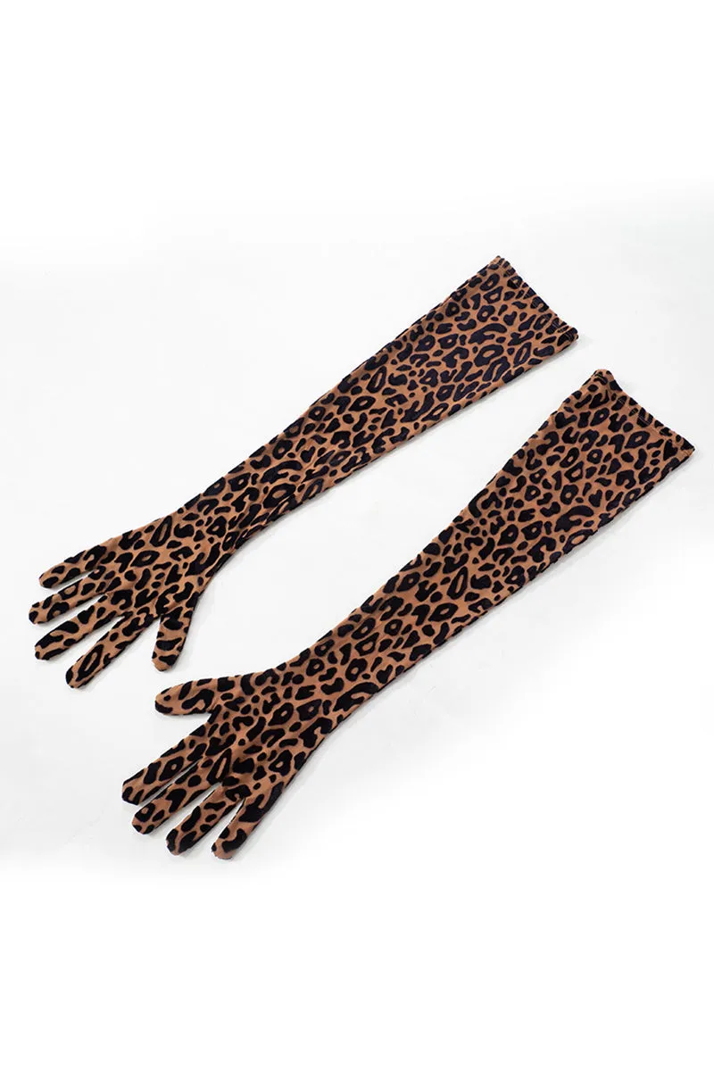 Leopard Mock Neck Off Shoulder Jumpsuit With Gloves