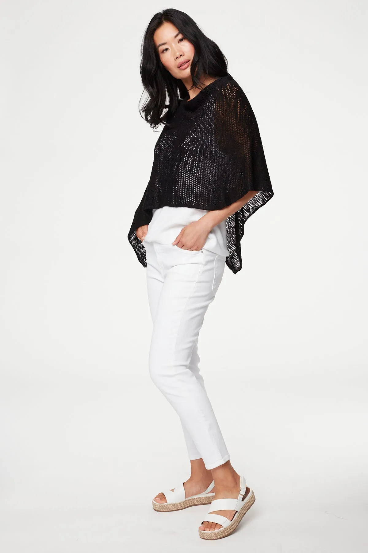 Palm Leaf Knit Poncho in Black or White. Style PH22258