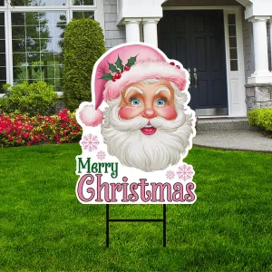 Pink Santa Retro Christmas Yard Sign - Santa Lawn Sign, Holiday, Winter, Xmas Santa, Merry Christmas Welcome Yard Sign with Metal H-Stake