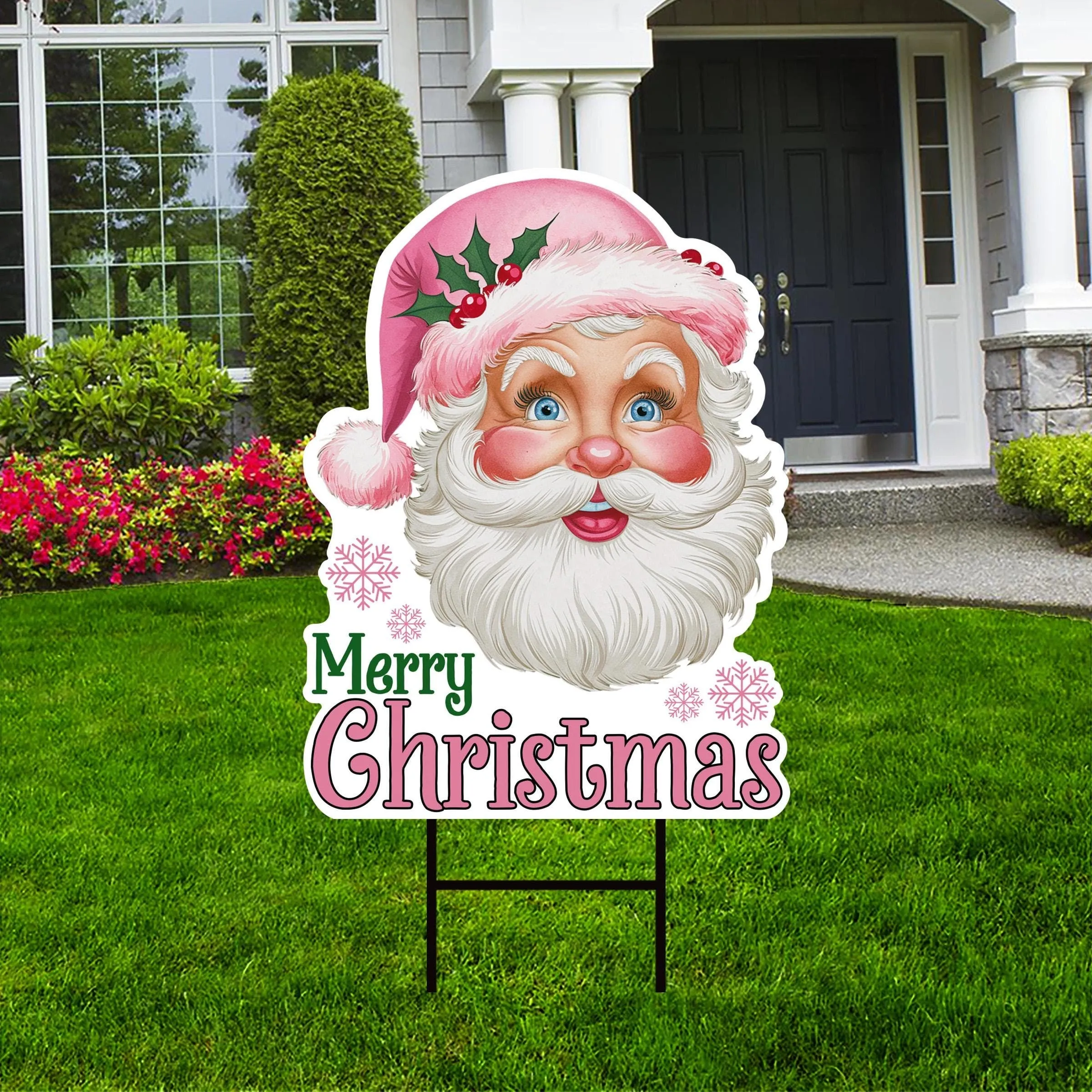 Pink Santa Retro Christmas Yard Sign - Santa Lawn Sign, Holiday, Winter, Xmas Santa, Merry Christmas Welcome Yard Sign with Metal H-Stake