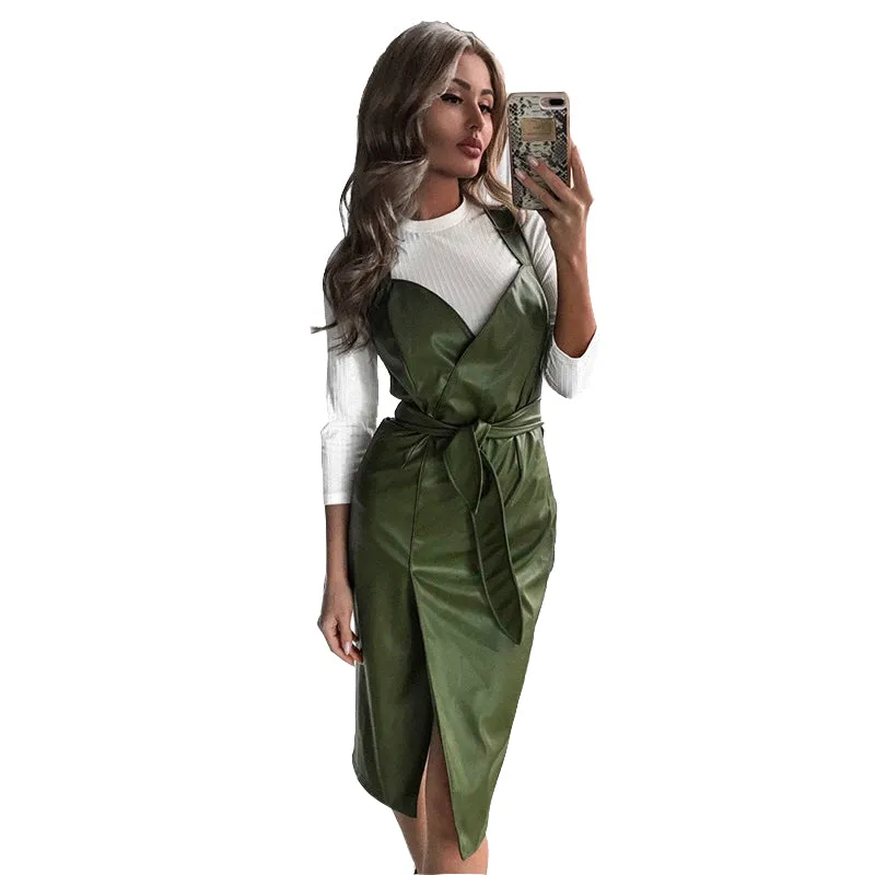 Pu Leather Party Sleeveless Midi Dress