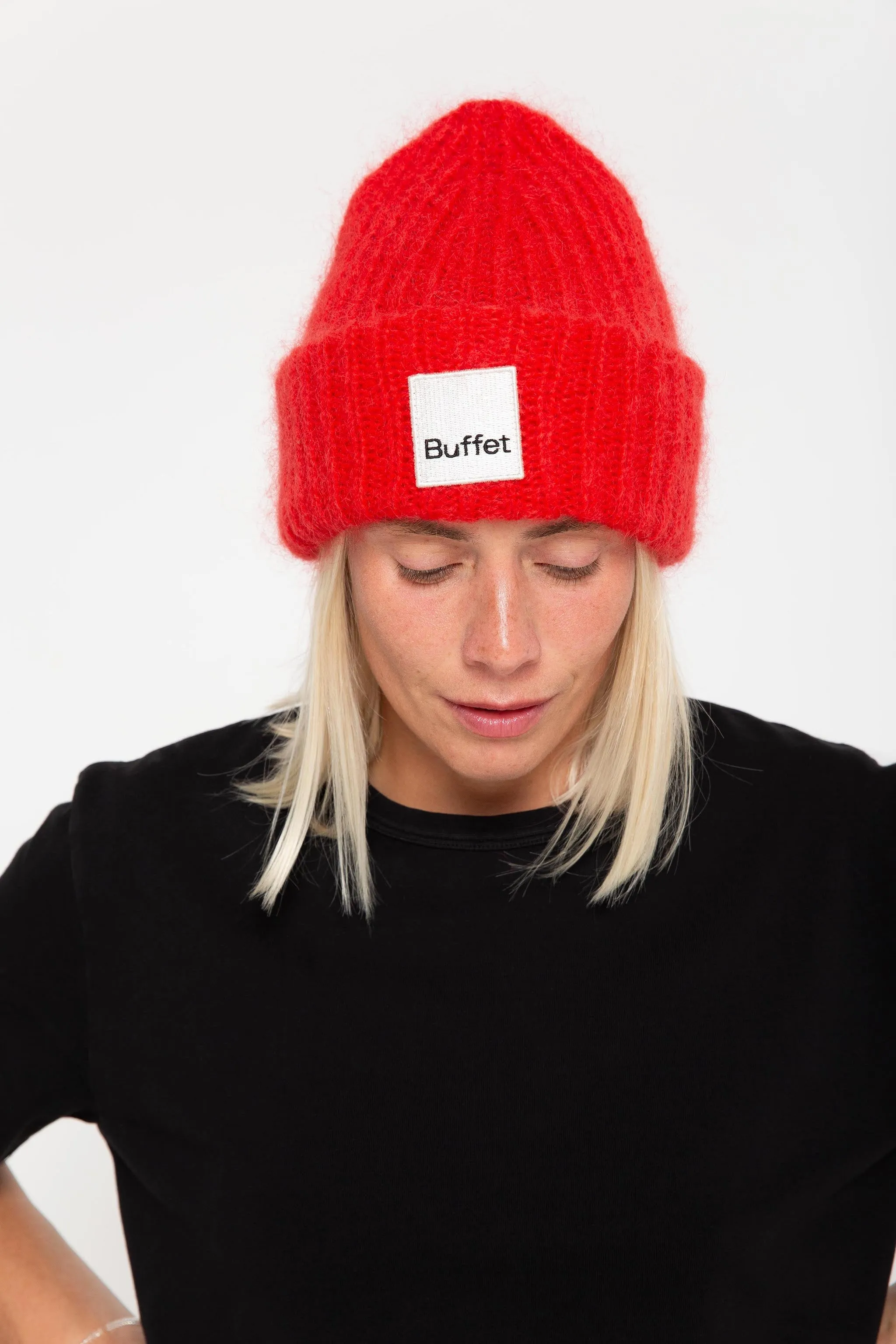 Red chunky mohair beanie