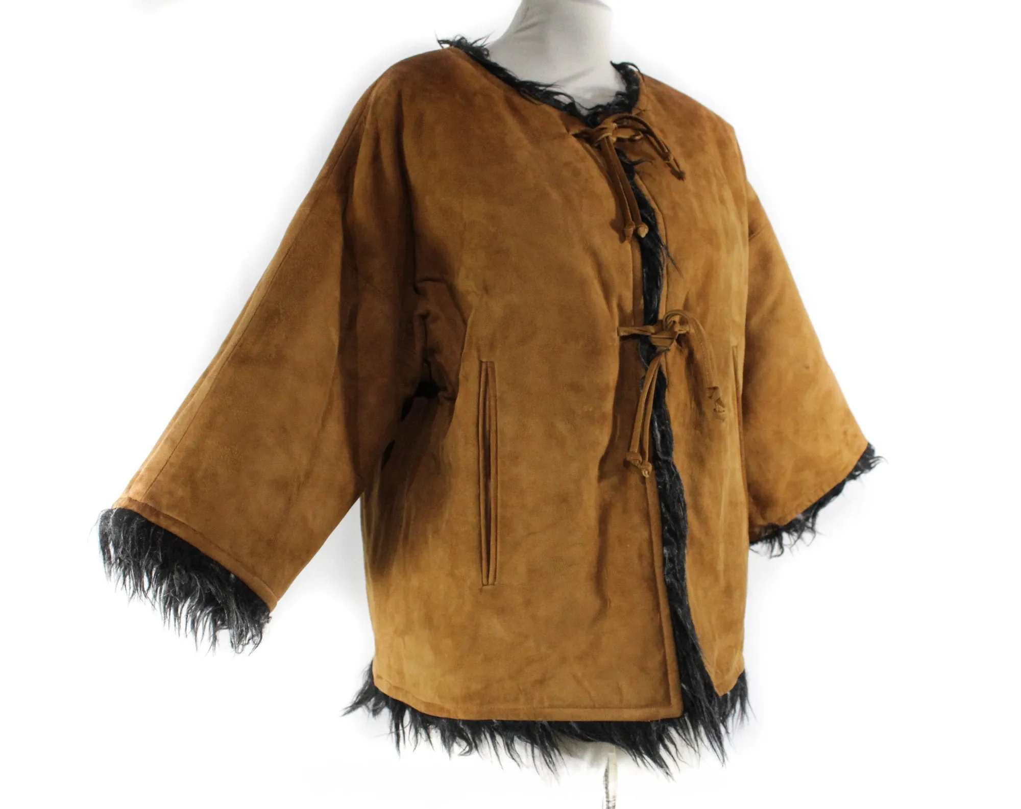 Small Bonnie Cashin 1960s Suede Jacket with Shaggy Reversible Lining - 60s Rare Design - Brown Black Gray Mod Designer Faux Fur - Bust 34.5