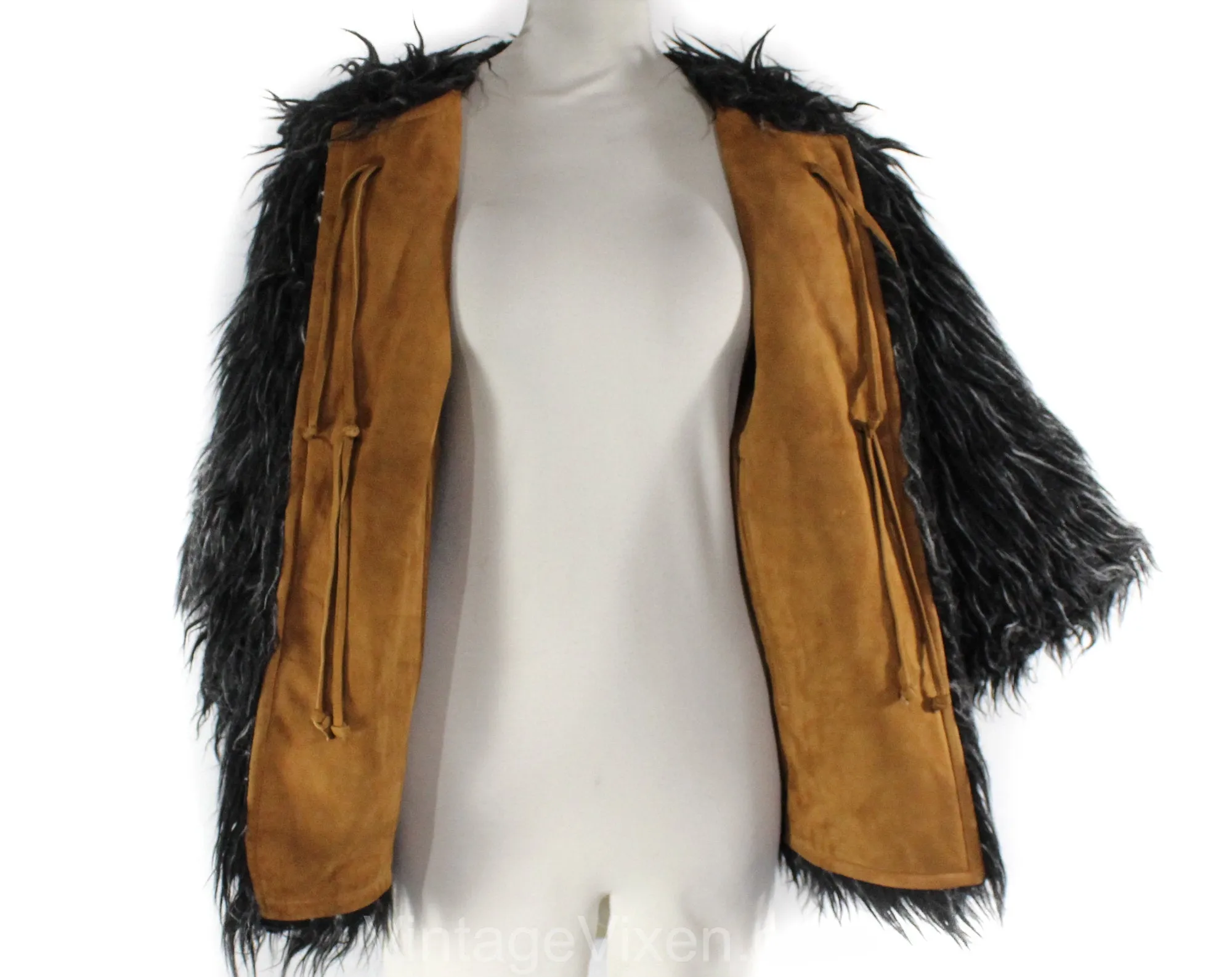 Small Bonnie Cashin 1960s Suede Jacket with Shaggy Reversible Lining - 60s Rare Design - Brown Black Gray Mod Designer Faux Fur - Bust 34.5