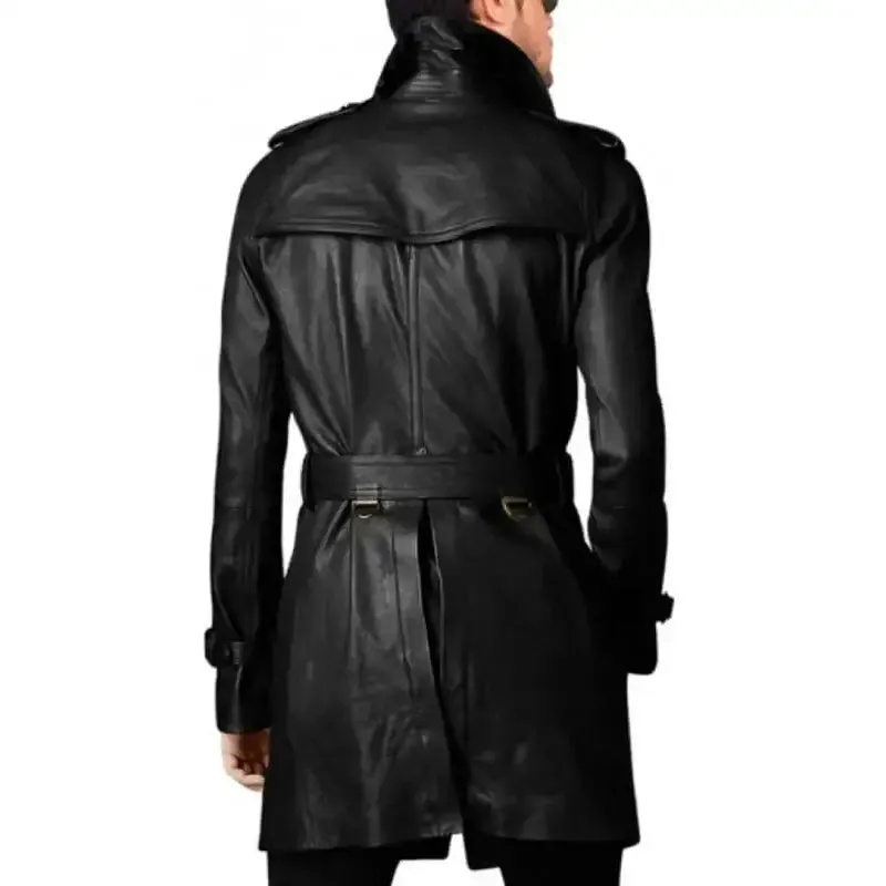 Vintage Black Leather Long Coat for Men