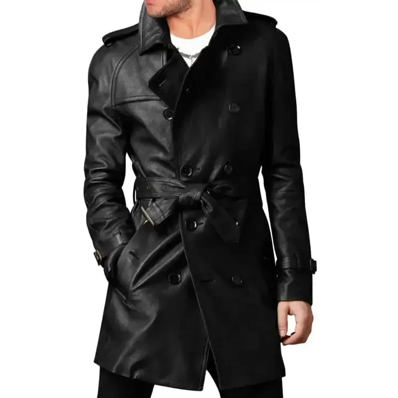Vintage Black Leather Long Coat for Men