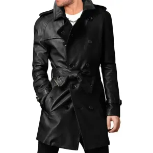Vintage Black Leather Long Coat for Men