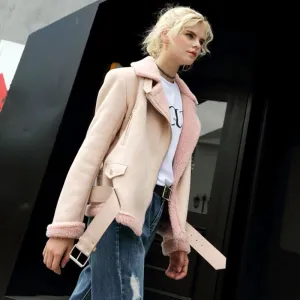 Women's Winter Warm Faux Sheepskin Short Coat With Belt