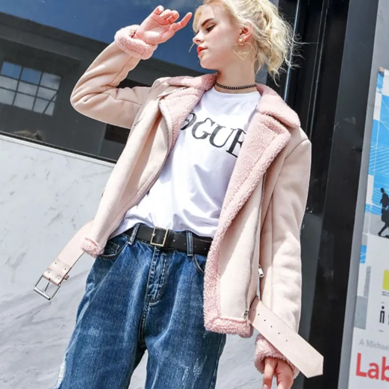 Women's Winter Warm Faux Sheepskin Short Coat With Belt