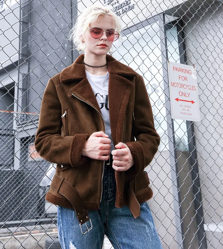 Women's Winter Warm Faux Sheepskin Short Coat With Belt