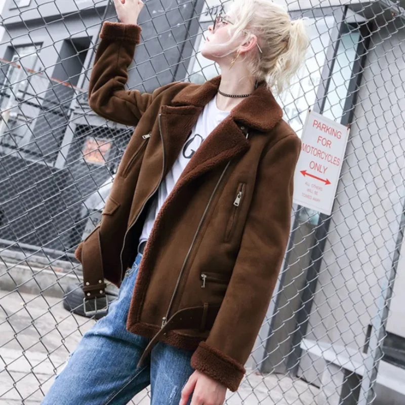 Women's Winter Warm Faux Sheepskin Short Coat With Belt