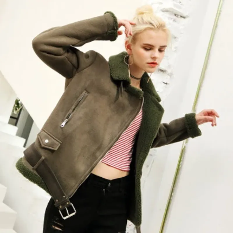 Women's Winter Warm Faux Sheepskin Short Coat With Belt