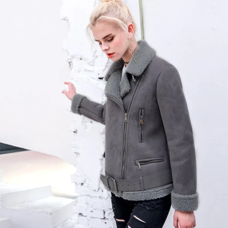 Women's Winter Warm Faux Sheepskin Short Coat With Belt