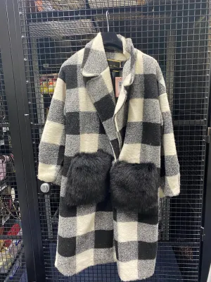 Wool Coat with Fox Fur Pockets in Black White - AWL3995