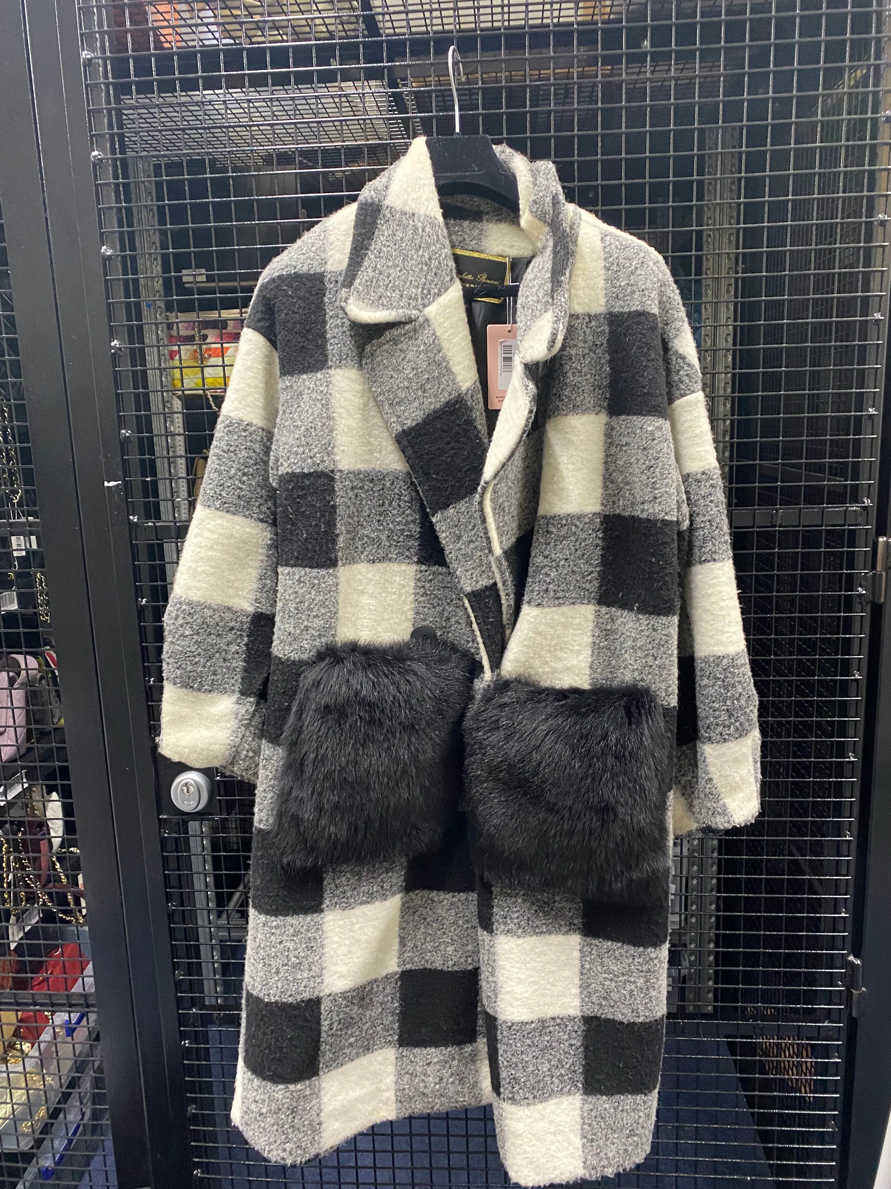 Wool Coat with Fox Fur Pockets in Black White - AWL3995