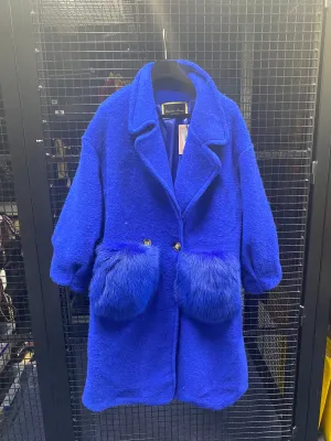Wool Coat with Fox Fur Pockets in royal blue - AWL4003